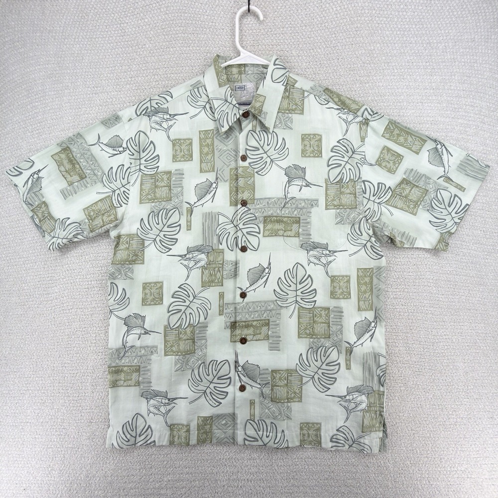 AFTCO Hawaiian Camp Shirt Mens M Green Sailfish Tropical Button Up Cotton Rayon